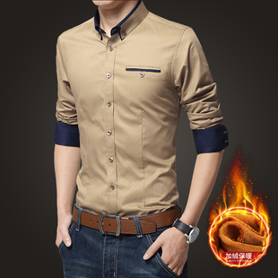 衬衣土 加绒加厚保暖带绒内搭修身 卡其色衬衫 男胖子休闲显瘦秋冬季