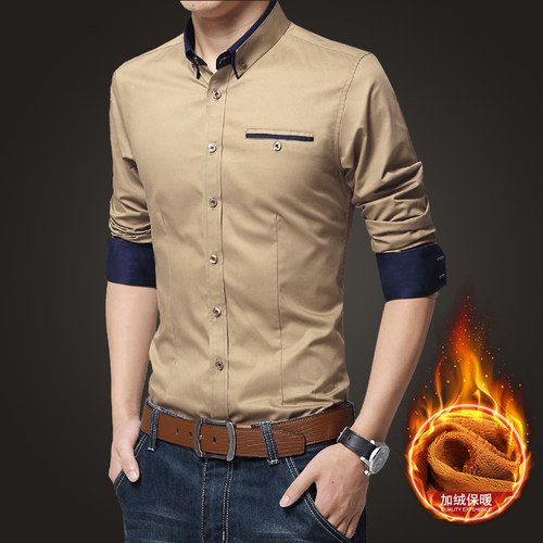 卡其色衬衫男胖子休闲显瘦秋冬季加绒加厚保暖带绒内搭修身衬衣土
