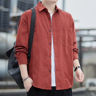 男长袖 高级感大码 春秋季 港风村衫 休闲衬衣外穿痞帅潮 薄款 红色衬衫