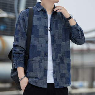 格纹衬衫男长袖春秋薄款青年拼色村子港风大码休闲蓝色衬衣外搭土