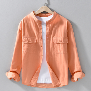 新中式衬衫男圆占领长袖2026新款秋季纯棉寸双兜中山直无立领衬衣