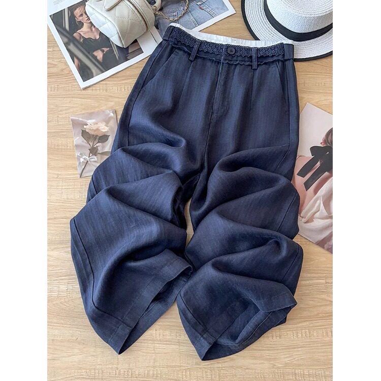 蕾丝拼接亚麻阔腿裤女夏季薄款2026新款垂坠感防晒裤棉麻直筒长裤