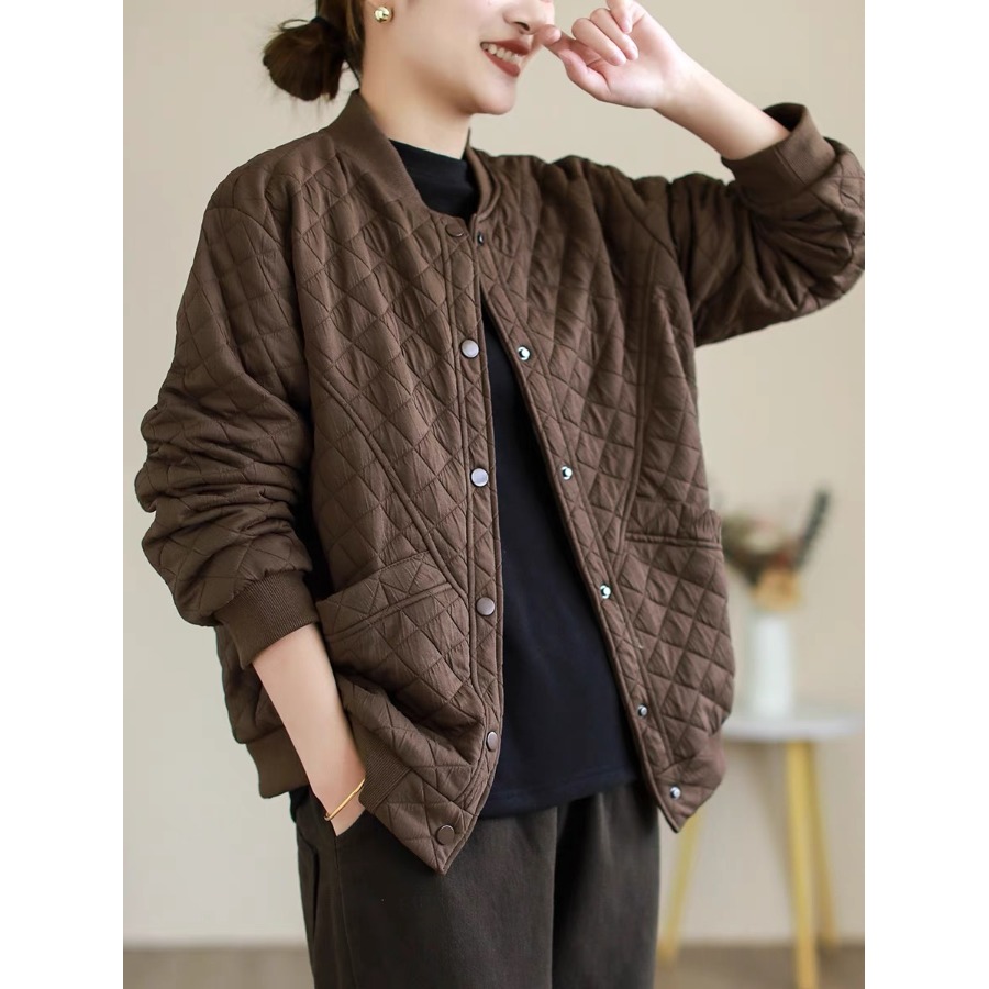 复古休闲菱格棉服女冬季轻薄夹棉保暖棉衣宽松显瘦棒球服夹克外套