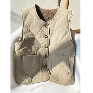 外贸意大利原单日系羊羔毛保暖马甲女秋冬两面穿外搭无袖 坎肩上衣