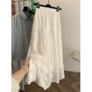 法式 超仙气质高腰大摆伞裙 重工白色蕾丝百褶半身裙女2025春节新款