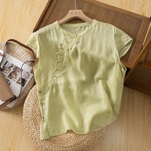 新中式改良短袖旗袍上衣女夏季宽松轻薄斜襟小衫复古棉麻立领衬衫