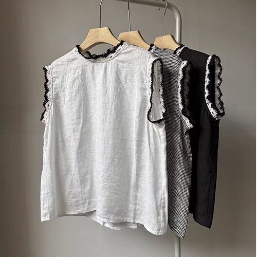 复古撞色木耳边圆领无袖背心衬衫女夏季新款设计感超好看百搭上衣