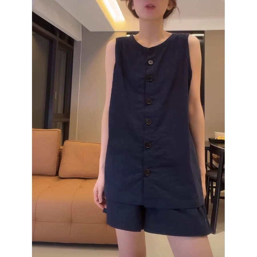 时尚亚麻无袖衬衫套装女夏气质休闲背心衬衣棉麻阔腿短裤子两件套