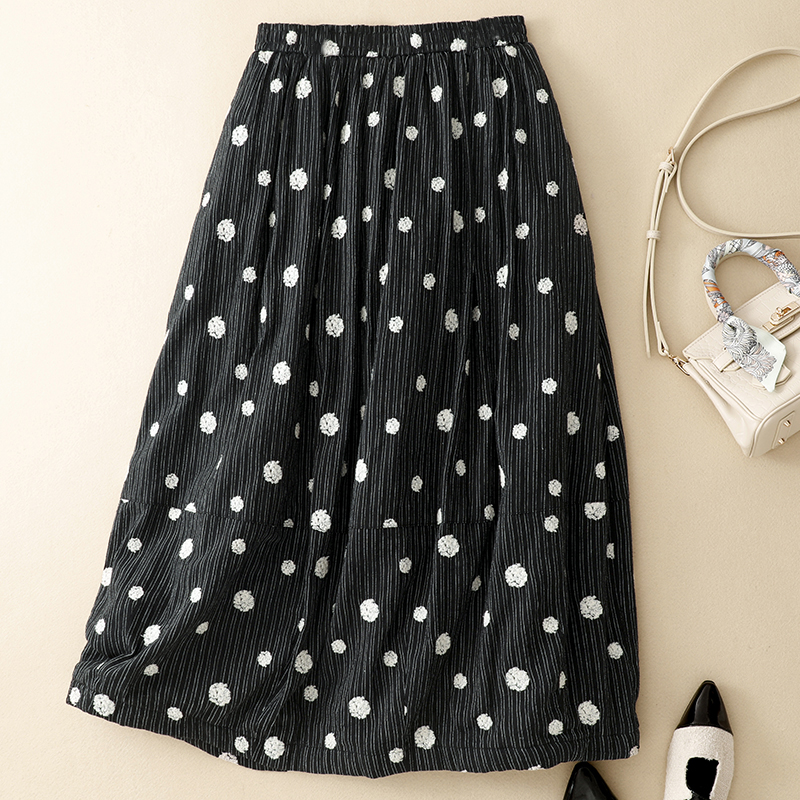 韩系波点印花半身裙女冬季松紧腰显瘦夹棉加厚花苞裙中长款a字裙
