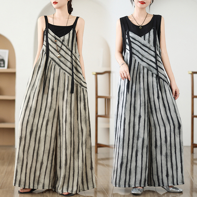 复古条纹吊带阔腿裤子女夏季设计感小众拼接休闲遮肉背带连体裤潮