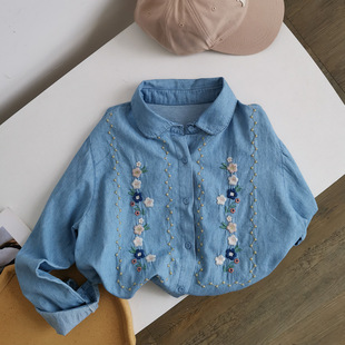 复古刺绣花朵牛仔衬衫外套女春秋气质减龄上衣休闲宽松叠穿打底衫