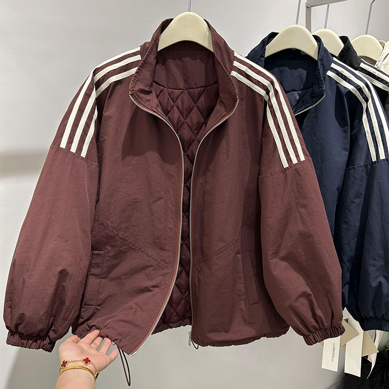 宽松慵懒风夹棉保暖棉衣防风冲锋衣外套女冬季三条杠短款夹克上衣
