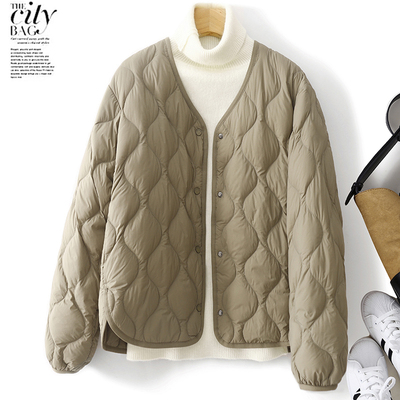时尚菱格轻薄羽绒棉服女2024冬宽松叠穿V领加厚保暖内胆棉衣外套