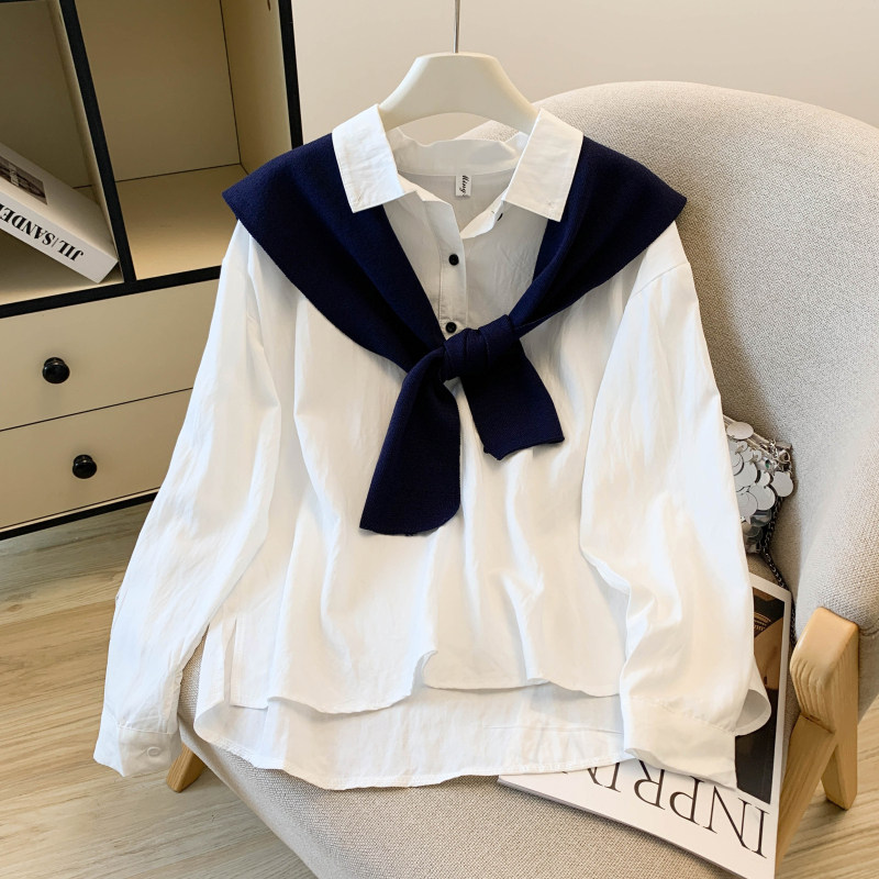 棉质polo领长袖衬衫外搭针织披肩女春秋休闲慵懒松弛感撞色两件套,女装/女士精品,时尚套装,淘宝优惠券,粉丝福利购,淘宝优惠卷