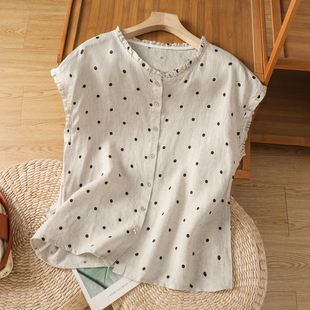 日系波点棉麻无袖背心衬衫女夏季复古气质木耳领衬衣高端坎肩上衣