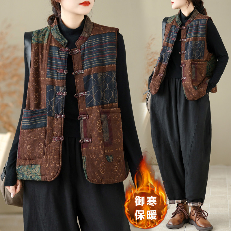 新中式对襟盘扣印花棉麻马甲女冬季复古叠穿百搭夹棉保暖棉服上衣,女装/女士精品,马夹,淘宝优惠券,粉丝福利购,淘宝优惠卷
