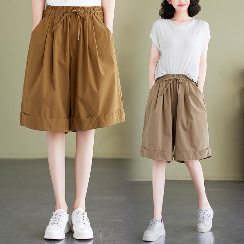 外贸出口日系小众棉麻阔腿短裤女显瘦宽松休闲卷边五分裤亚麻裤裙