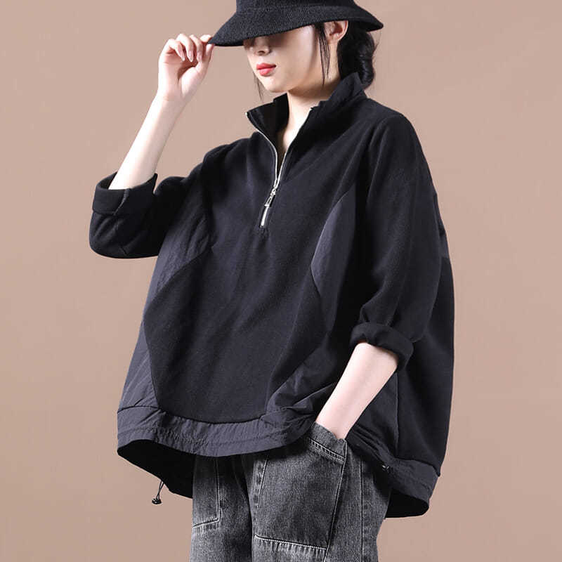 春秋时尚拼接拉链长袖卫衣T恤女宽松休闲显瘦港风大码女装上衣潮