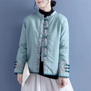 新中式国风刺绣棉衣女冬季复古对襟盘扣唐装夹棉加厚棉服棉袄外套