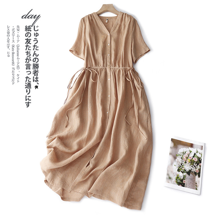 高端气质亚麻短袖连衣裙女夏季薄款收腰显瘦洋气减龄V领a字裙子潮