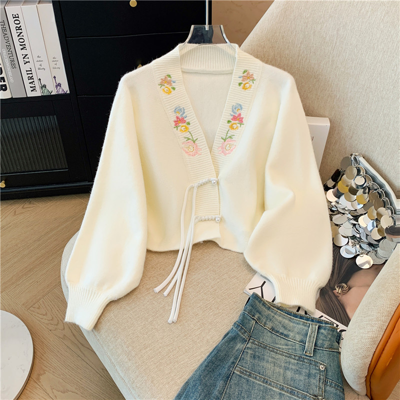 新中式国风盘扣长袖针织外穿开衫女春秋气质V领减龄短款毛衣外套,女装/女士精品,毛衣,淘宝优惠券,粉丝福利购,淘宝优惠卷