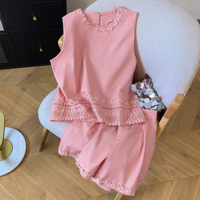 粉色棉麻花边刺绣无袖背心套装女夏季洋气减龄亚麻阔腿短裤两件套