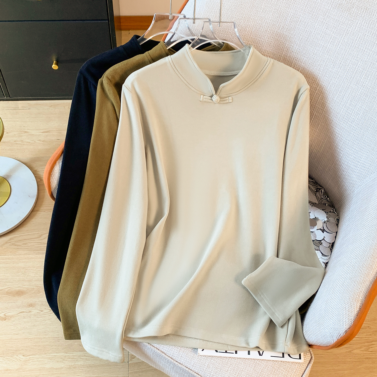 国风盘扣立领德绒打底衫女秋装中式长袖t恤气质旗袍上衣内搭小衫