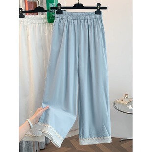 法式设计感蕾丝花边阔腿裤子女夏季薄款高腰木耳边休闲直筒九分裤