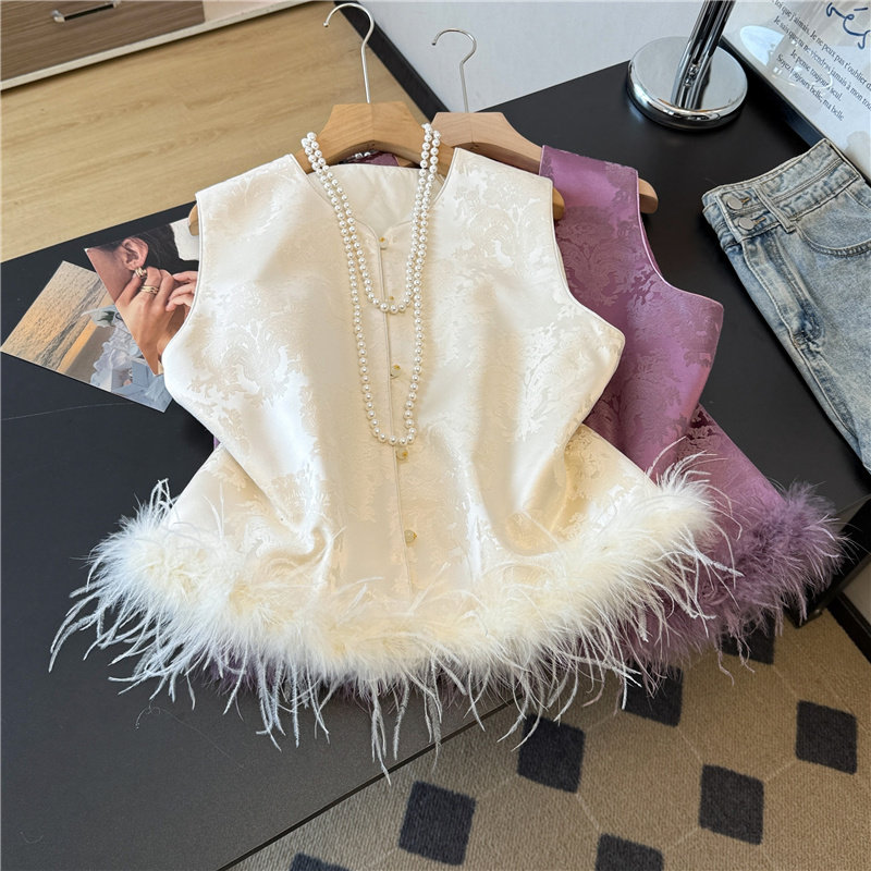 新中式国风提花鸵鸟毛拼接夹棉马甲女秋冬内搭半高领打底衫两件套,女装/女士精品,时尚套装,淘宝优惠券,粉丝福利购,淘宝优惠卷