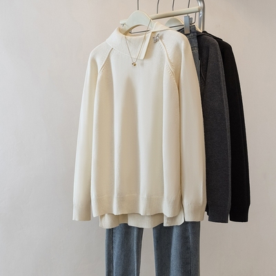 不规则翻领针织打底衫女秋冬高级感慵懒风宽松毛衣内搭软糯上衣潮