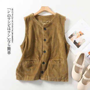 外贸原单复古灯芯绒马甲短外套女无袖 上衣文艺马夹女外搭坎肩背心