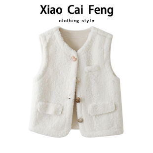 韩系爱心扣羊羔毛马甲女秋冬减龄外穿宽松无袖 坎肩小香风背心外套