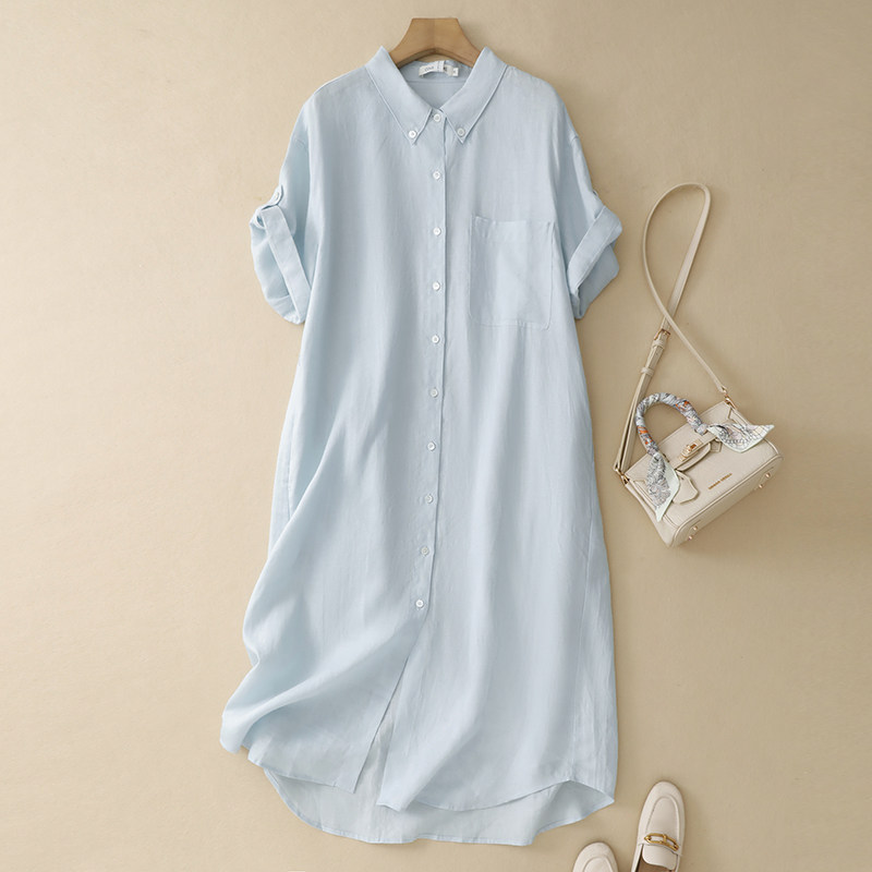 慵懒风浅蓝色棉麻连衣裙女夏季翻领口袋设计宽松巨好看短袖连衣裙