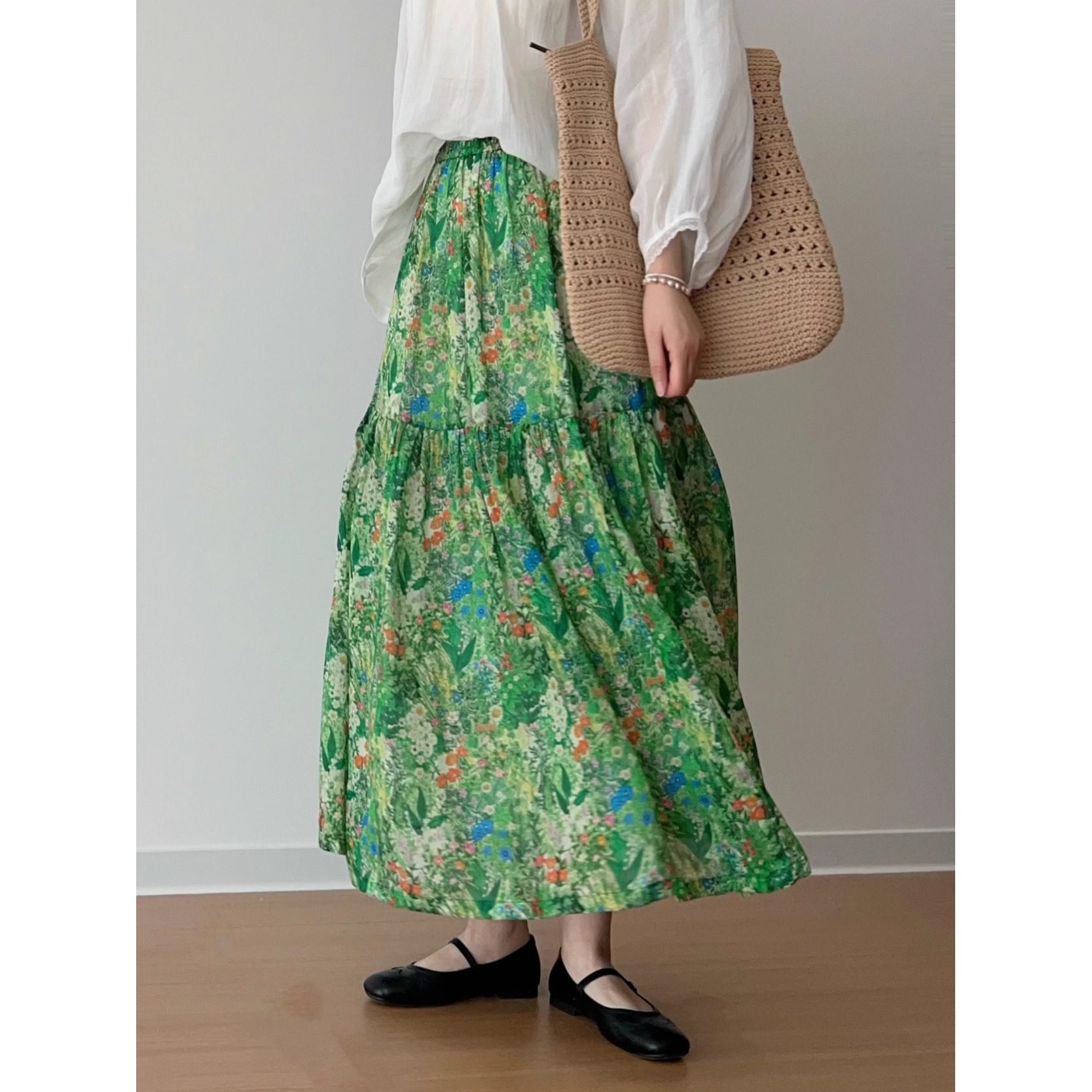 森系田园风印花苎麻半身裙女夏季仙气垂感A字中长款显瘦蛋糕裙潮