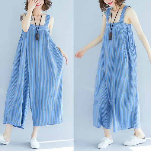 吊带阔腿背带裤女条纹七分连体裤