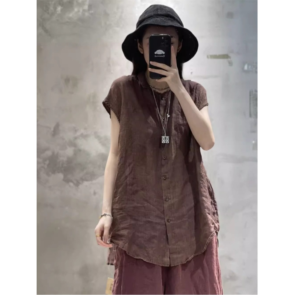 时尚复古棉麻背心女夏季中长款气质轻薄翻领无袖亚麻衬衫苎麻上衣