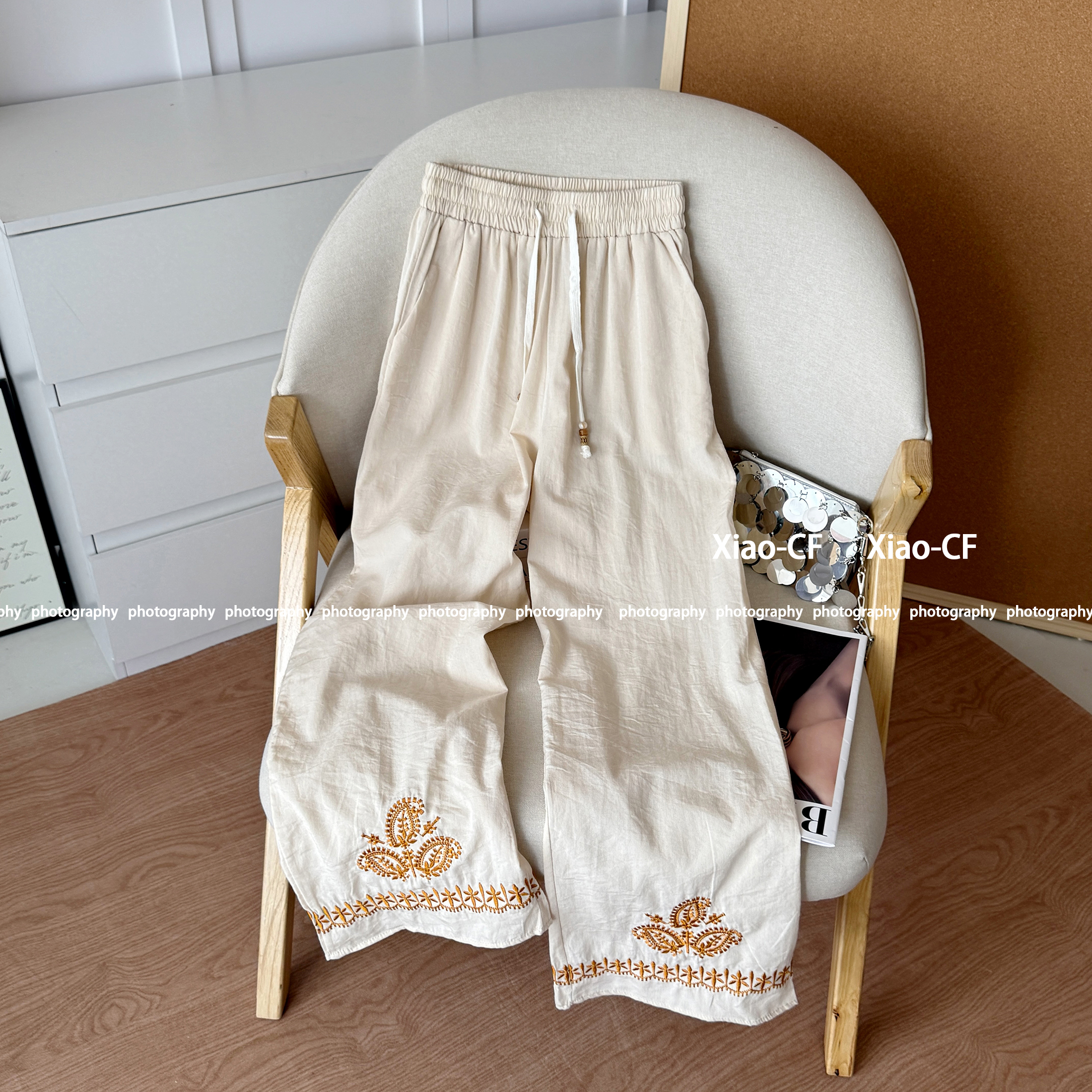 裤脚刺绣松紧腰亚麻阔腿裤女2025夏季新款设计感显瘦休闲直筒长裤