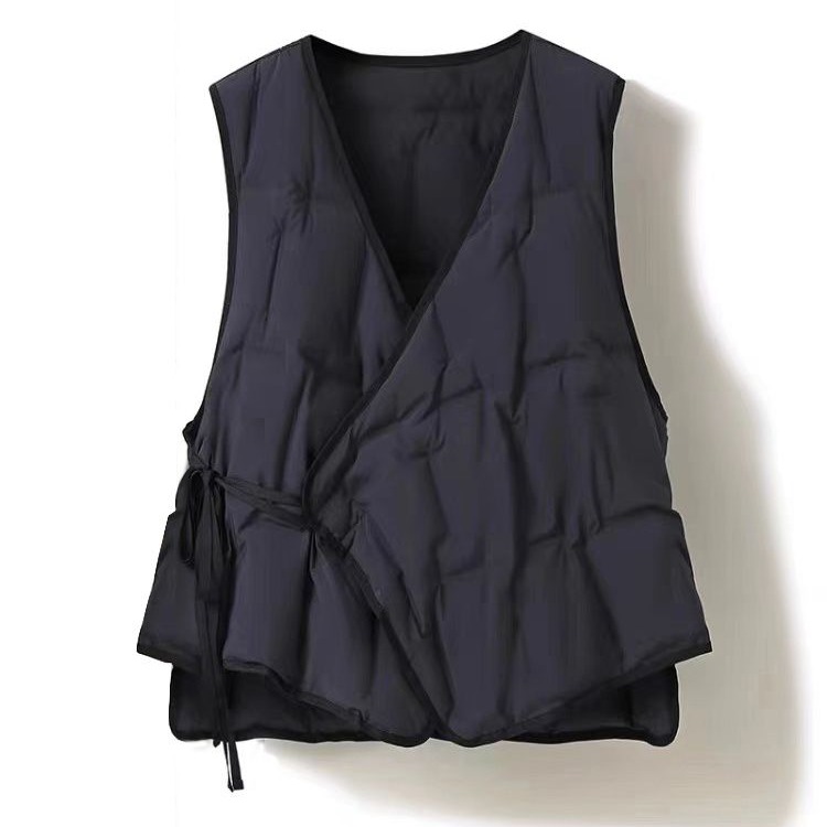 轻薄羽绒棉服坎肩马甲女冬季保暖V领系带无袖棉衣叠穿背心上衣潮