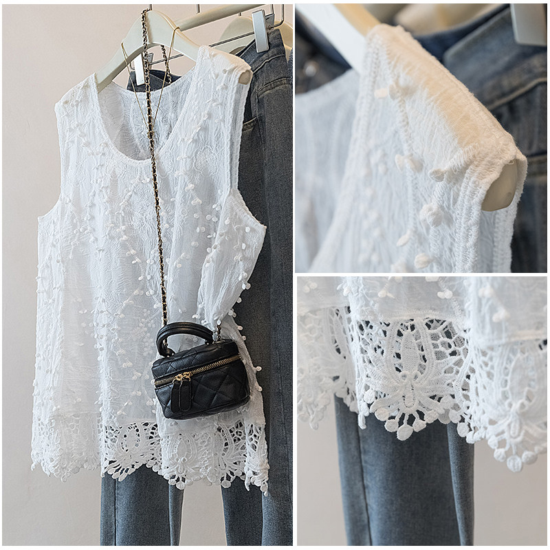微胖MM白色蕾丝拼接背心衬衫女夏季大码宽松立体钩花镂空无袖上衣