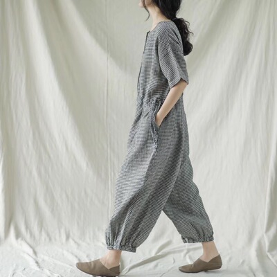 复古小格子亚麻连体裤女夏季洋气宽松休闲灯笼裤显瘦工装连衣裤潮