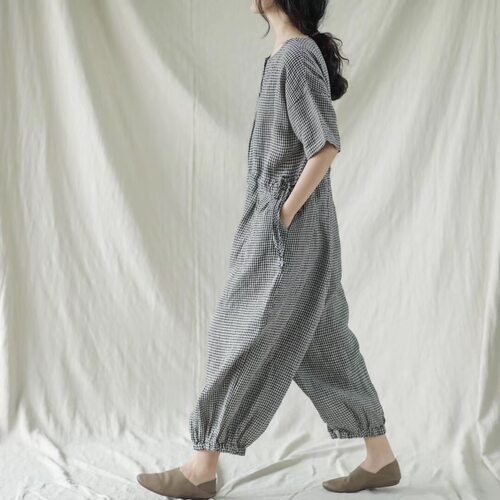 复古小格子亚麻连体裤女夏季洋气宽松休闲灯笼裤显瘦工装连衣裤潮