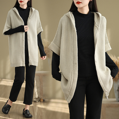 时尚连帽羊毛针织开衫女秋冬新款高端气质双头拉链中长款毛衣外套