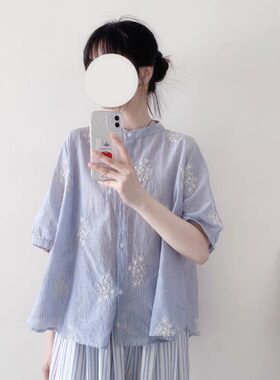 小清新条纹棉质短袖衬衫女夏季高端国风刺绣减龄娃娃衫别致上衣潮