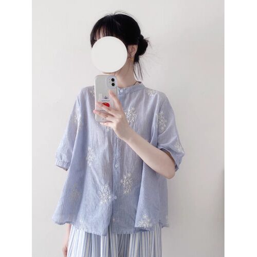 小清新条纹棉质短袖衬衫女夏季高端国风刺绣减龄娃娃衫别致上衣潮