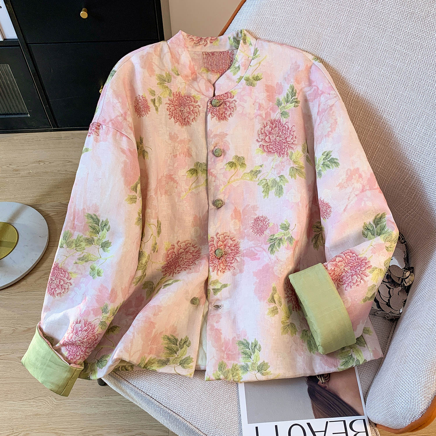 新中式国风印花棉衣外套女秋冬季宽松复古立领夹棉轻薄棉服小棉袄