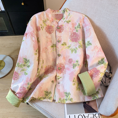 新中式国风印花棉衣外套女秋冬季宽松复古立领夹棉轻薄棉服小棉袄