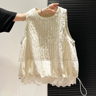 蕾丝拼接下摆马甲背心女秋装 坎肩 文艺日系圆领抽绳摆百搭宽松无袖