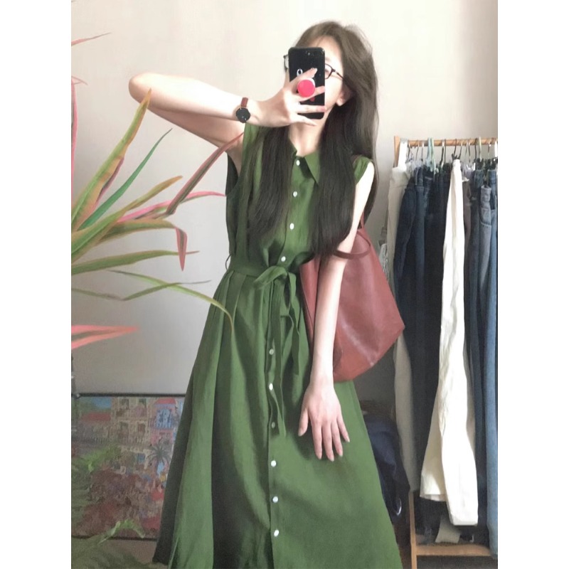 复古绿色polo领衬衫连衣裙女夏季设计感系带收腰显瘦无袖背心长裙