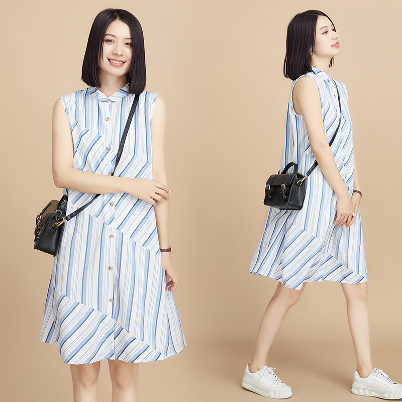 外贸品牌出口法国女装清仓蓝白条拼接无袖a字裙中长款棉麻连衣裙