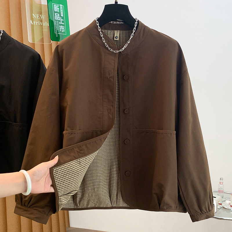 法式复古立领单排扣长袖外套女秋季独特别致内里千鸟格双口袋外搭